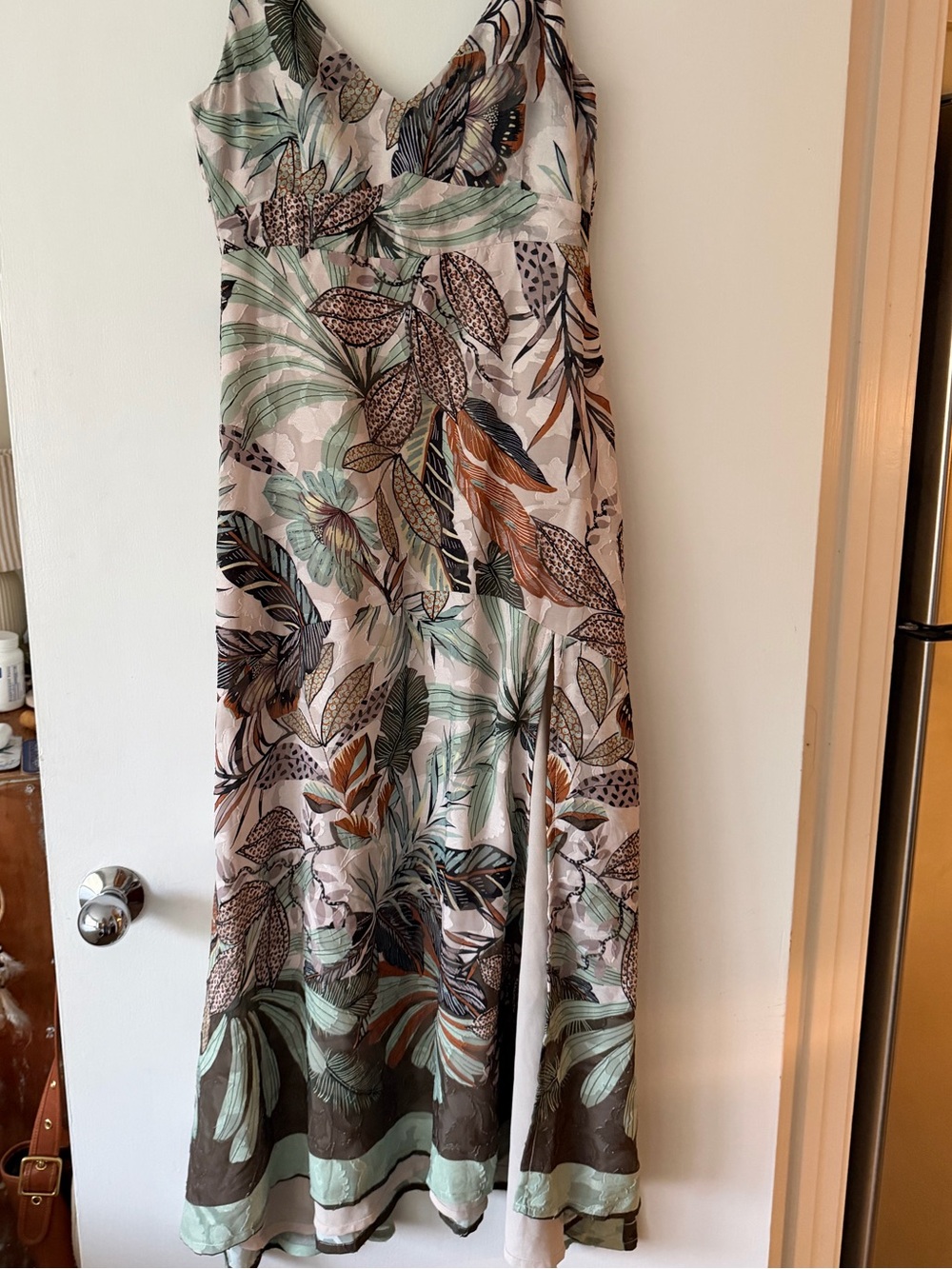 V-Neck Maxi Dress with Green and Brown Tropical Print